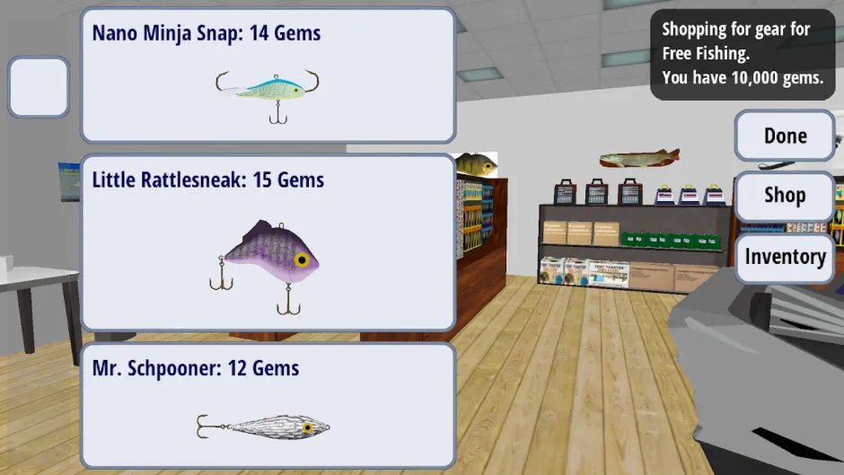 Três amostras à venda por gemas em Ice Fishing Derby 2: Nano Minja Snap, Little Rattlesnake e Mr. Schpooner