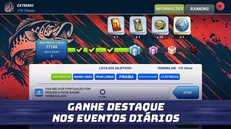 Evento diário Extremo de Fishing Clash com objetivos bagre-vermiculado, mandi-anão, peixe-lenha e piraíba