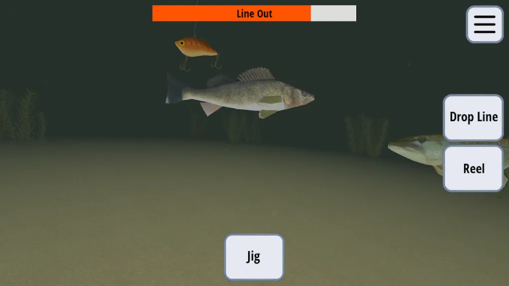 Vista debaixo de água em Ice Fishing Derby 2: dois peixes junto à amostra, barra Line Out a vermelho e botão Jig