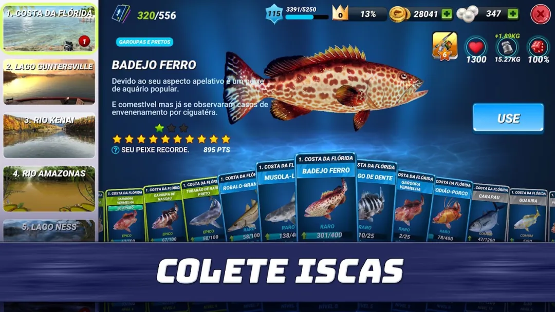 Lista de pesqueiros de Fishing Clash, da Costa da Flórida ao Lago Ness, ao lado do cartão do badejo ferro