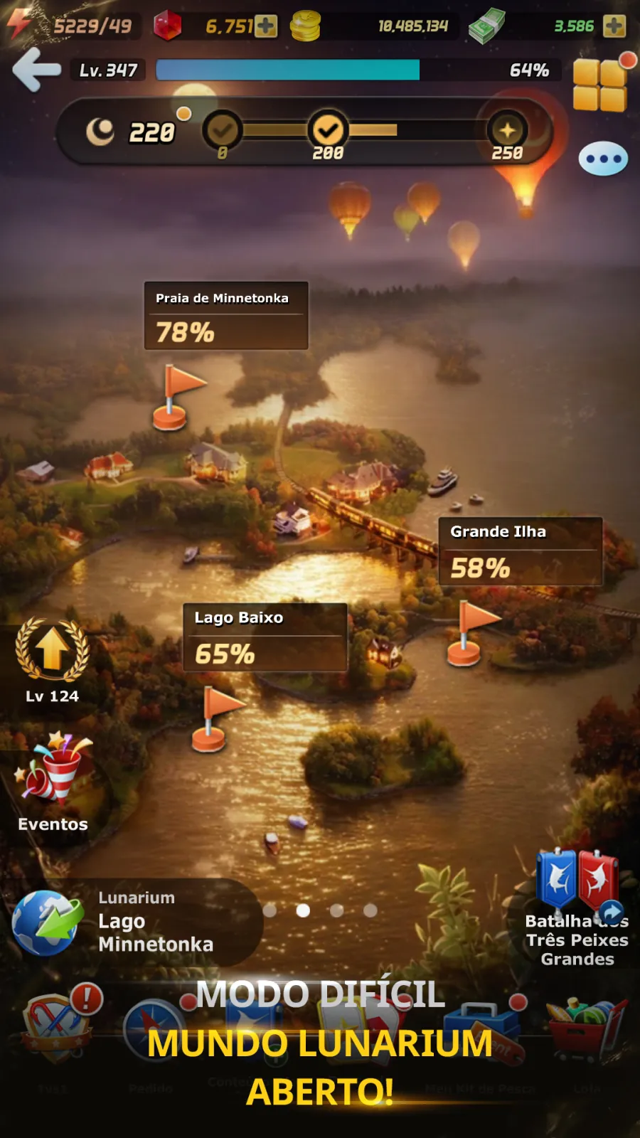 Mapa outonal do mundo Lunarium em Ace Fishing com Praia de Minnetonka a 78 %, Lago Baixo a 65 % e Grande Ilha a 58 %