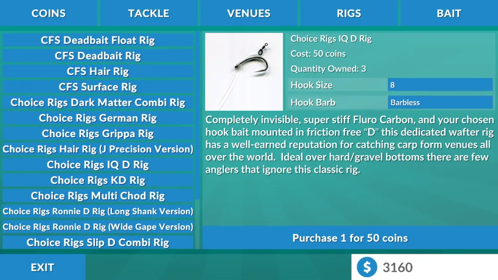 Menu de montagens de Carp Fishing Simulator com a lista de rigs e o Choice Rigs IQ D Rig com anzol tamanho 8 sem barbela