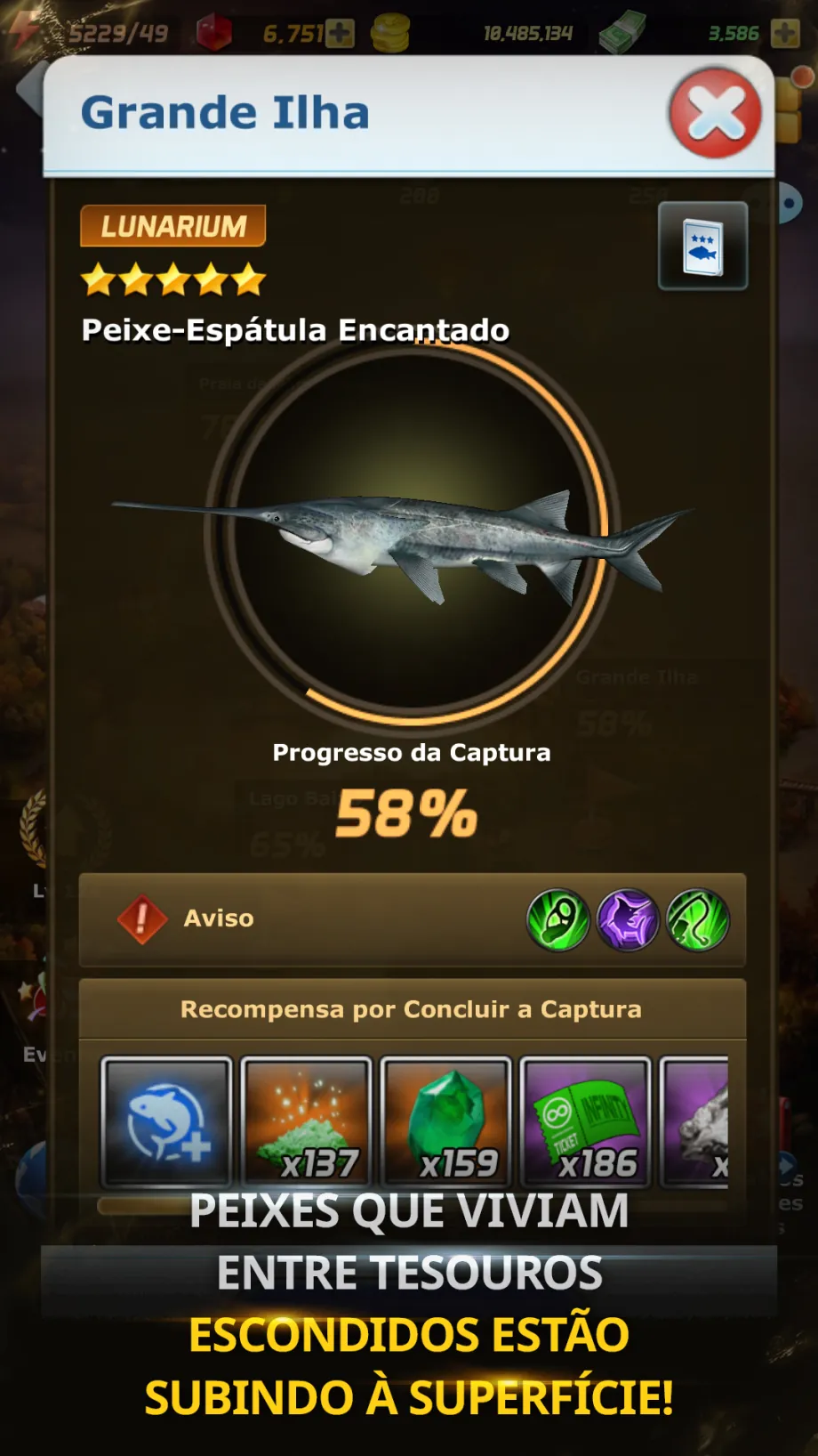 Painel da Grande Ilha em Ace Fishing: Peixe-Espátula Encantado de cinco estrelas com progresso da captura em 58 %