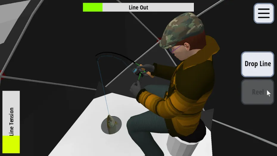 Pescador de boné camuflado sentado na tenda sobre o buraco no gelo, com a barra Line Tension à esquerda